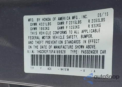 2015 Honda Accord Ex из США, поврежденный, VIN 1HGCR2F75FA189929